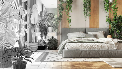 Architect interior designer concept: hand-drawn draft unfinished project that becomes real, urban jungle, minimalist bedroom. Home garden, biophilia concept