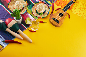 Fototapeta na wymiar Cinco de Mayo holiday background. Maracas, cactus and hat on yellow background.