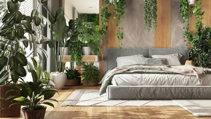 Urban jungle, minimalist bedroom in white and wooden tones. Close-up, bed, parquet floor and many houseplants. Home garden interior design. Biophilia concept