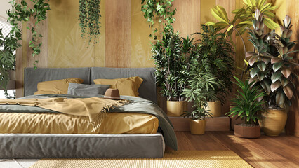 Home garden, minimal bedroom in yellow and wooden tones. Close-up, bed, parquet floor and many houseplants. Urban jungle interior design. Biophilia concept