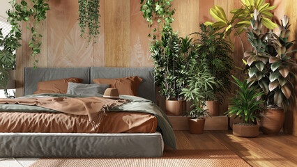 Home garden, minimal bedroom in orange and wooden tones. Close-up, bed, parquet floor and many houseplants. Urban jungle interior design. Biophilia concept