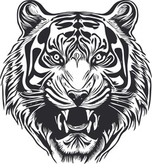 Black and white hand-drawn roaring tiger head illustration.