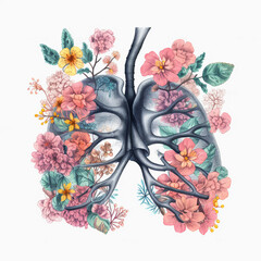 Human lungs made with flowers. Minimal coronavirus or pneumonia concept. Green, world health or environment day and ecology concept. Generative AI