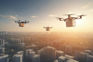 Luggage drones flying in the sky carrying goods. Aerial Drone Delivering Packages. 