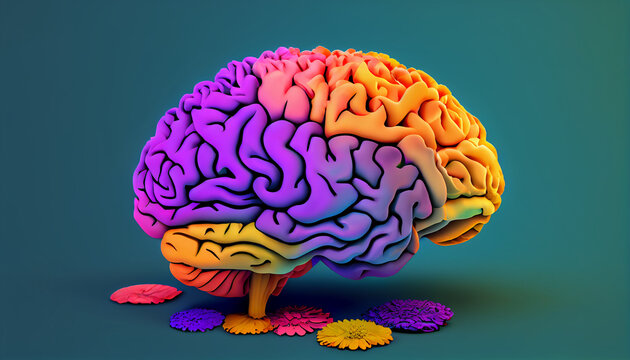 Human brain with Flowers with beautiful colorful background. Medical Background. Educational Background. Ai generated image