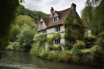 old english house and garden over the river