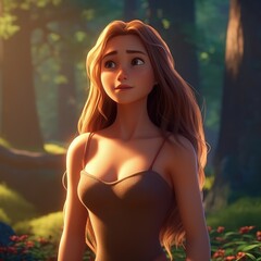 Cartoon character, pixar style, disney, beautiful girl with long hair in the forest, lara croft style, ai generative