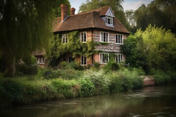 Fototapeta na wymiar old english house and garden over the river