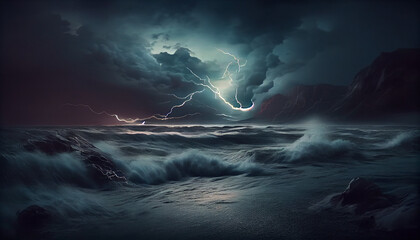 Night sea dramatic landscape with a storm. Night Sea Wave with tornado and heavy lighting. Ai generated image