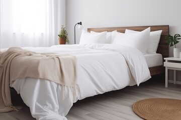  A minimalist bedroom bed with white clean linens comfy pill 