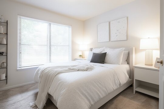 a bed with a white comforter in a room with a window 