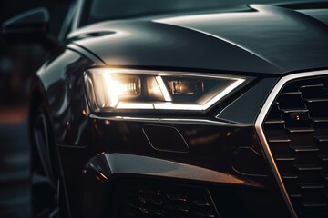 Fototapeta na wymiar Close-up of illuminated black luxury car headlights against grey backdrop under streetlights. Generative AI