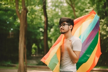 gay guy holding lgbt flag in hands, Ai generative