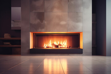 Closeup view of a modern luxury fireplace with fire burning inside. Generative AI