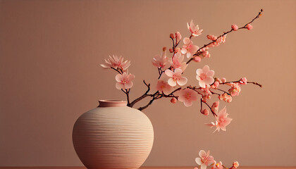 Sakura cherry blossom branch in ceramic vase on beautiful background Ai generated image