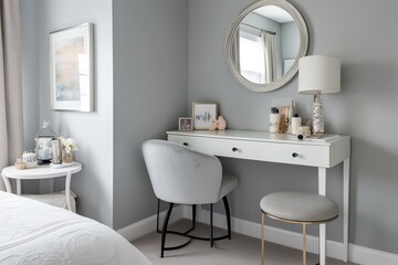 Gray master bedroom interior with makeup table