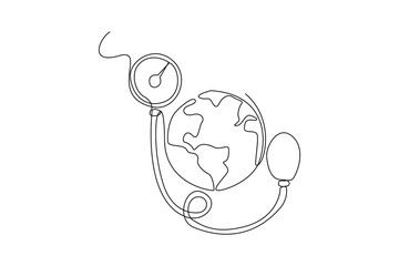 Continuous one line drawing heart check. World hypertension day concept. Single line draw design vector graphic illustration.
