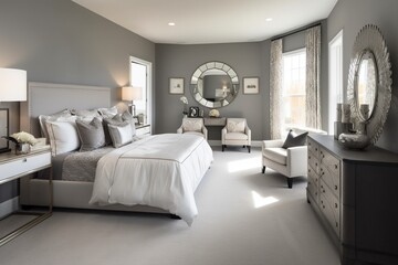 Gray master bedroom interior with makeup table 