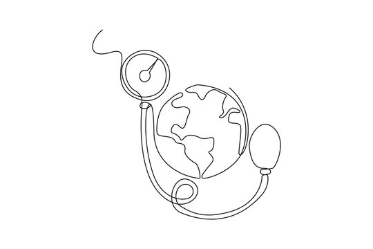 Continuous one line drawing heart check. World hypertension day concept. Single line draw design vector graphic illustration.