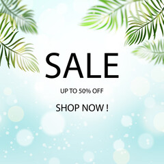 Fototapeta na wymiar Summer sale design. sale text with up to 50% off special offer promo discount.Palm Leaves.Flyer, Website, Landing Page
