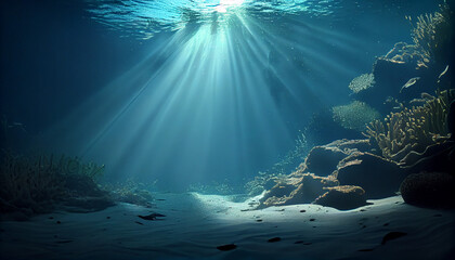 Fototapety  Underwater background deep blue sea and beautiful sun ray under sea. Ai generated image