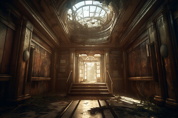 Fototapeta na wymiar Illustration eines gruseligen Raums in einem alten Gebäude wie aus einem Horrorfilm 