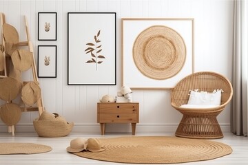 Mockup frame in kids bedroom with wicker furniture coastal 