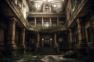 Fototapeta na wymiar Illustration eines gruseligen Raums in einem alten Gebäude wie aus einem Horrorfilm 