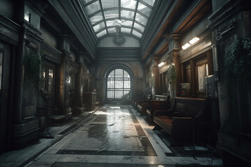 Illustration eines gruseligen Raums in einem alten Geb&auml;ude wie aus einem Horrorfilm 