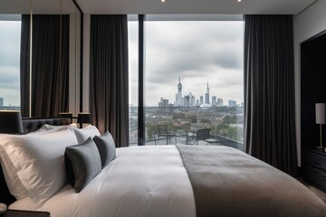 Modern and luxurious hotel bedroom with views of London sky