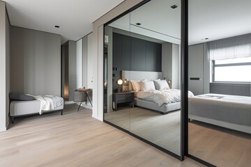 Fototapeta na wymiar Modern bedroom interior with stylish large mirror