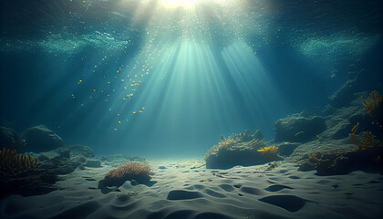 Underwater background deep blue sea and beautiful sun ray under sea. Ai generated image