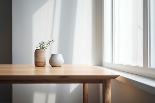 Wooden table with white interior background for product display and window view. Generative AI