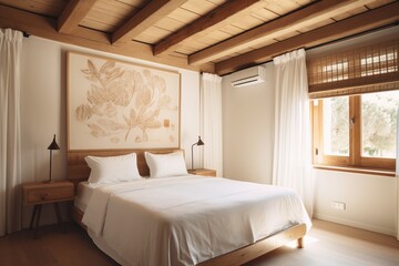 Wooden bedroom and canvas over bed with linens beige walls 