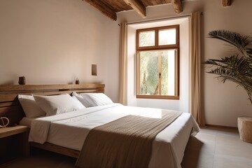 Fototapeta na wymiar Wooden bedroom and canvas over bed with linens beige walls 