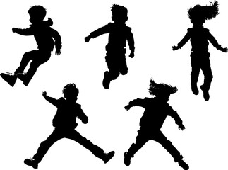 Silhouettes of children jumping, vector set