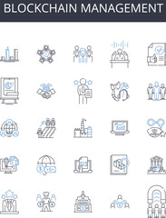 Blockchain management line icons collection. Cryptocurrency investment, Cybersecurity protection, Data analytics, Finance management, Software development, Machine learning, Artificial Generative AI