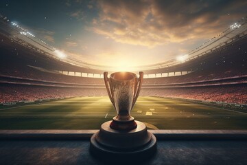 3D soccer stadium with trophy goblet, winner in competition, background for sports. Football field with dramatic view. Generative AI