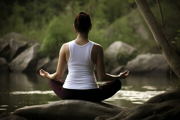 Fototapeta premium Yoga meditation, yoga teacher, nature buddhist, practicing yoga, zen buddhism. Generative AI.