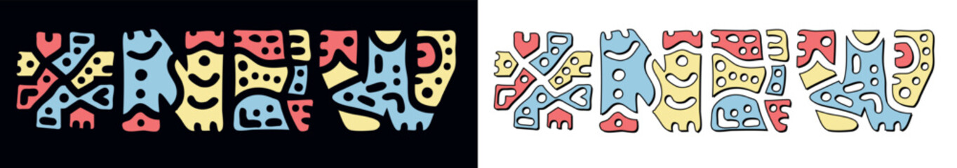 NEW Hashtag. Doodle isolate text. Colored curves decorative doodle letters. Folk artwork style. Hashtag #NEW for print, booklet, banner, flyer. Stock vector.