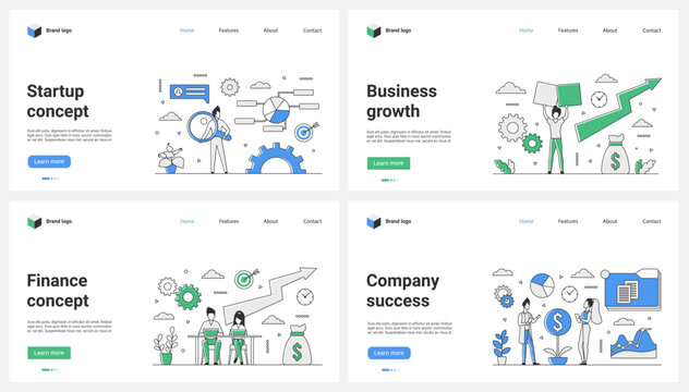 Company finance success, startup and business growth set vector illustration. Cartoon tiny people work on opportunity to increase sales, research direction of company development and finance data