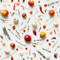 Naklejka na ściany i meble Truly Seamless Tile of Overhead Photograph of A Variety of Vegetables and Spices - Generative AI.