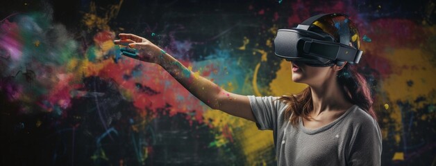 Young beautiful woman with virtual reality goggles,created with Generative AI technology.