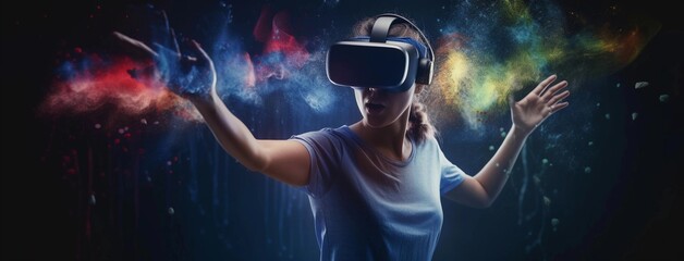 Naklejka premium Young beautiful woman with virtual reality goggles,created with Generative AI technology.
