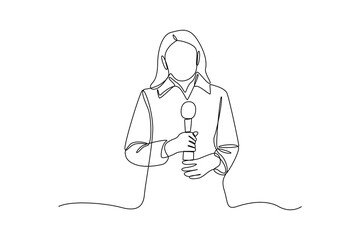 Single one line drawing young tv newscaster woman reporting tv news. News anchor concept. Continuous line draw design graphic vector illustration.