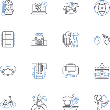 Recreational activities line icons collection. Hiking, Camping, Swimming, Biking, Running, Fishing, Hunting vector and linear illustration. Boating,Kayaking,Skiing outline signs set Generative AI