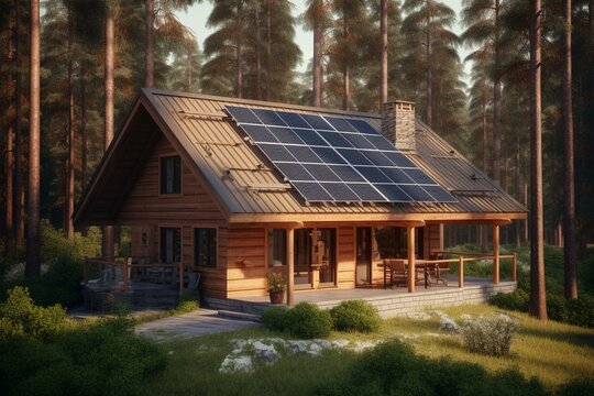 3D render of eco-friendly log cabin in forest with solar panels. Perfect solution to green and renewable energy. Generative AI