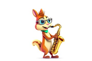 Funny raccoon wearing glass and playing saxophone isolated on a white background, illustration