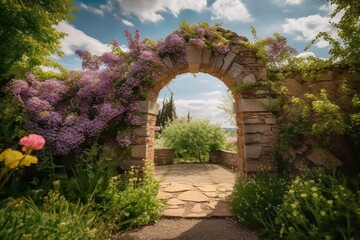 Summer garden with stone arch, lilacs, flowering trees and blue sky with clouds. Generative AI