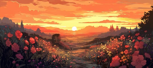 Beautiful sunset in the flower field, Cartoon Art - Generative ai